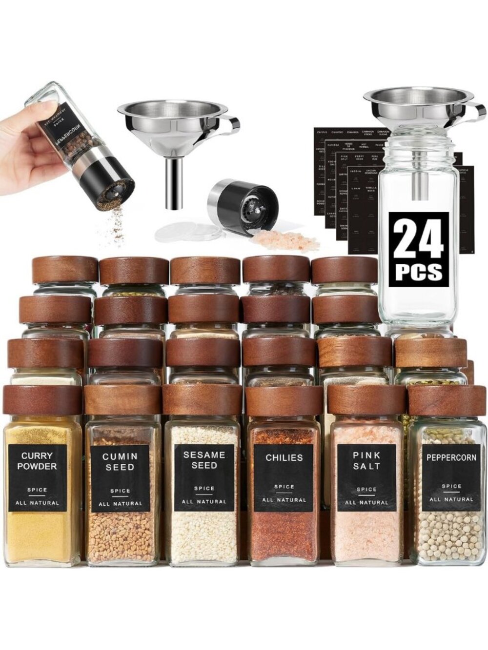 24pcs Glass Spice Jars with Labels - 4oz Seasoning Organizer for Kitchen Storage